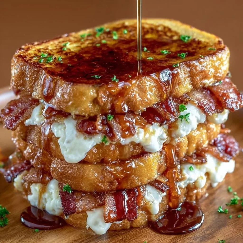 Bourbon Maple Bacon Stuffed French Toast served with syrup and fresh berries