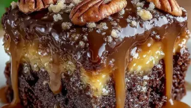 Delicious box mix turtle cake with chocolate and caramel layers