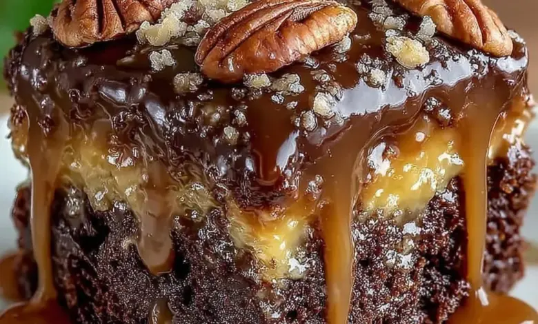 Delicious box mix turtle cake with chocolate and caramel layers