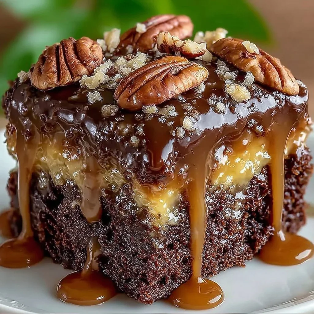 Delicious box mix turtle cake with chocolate and caramel layers