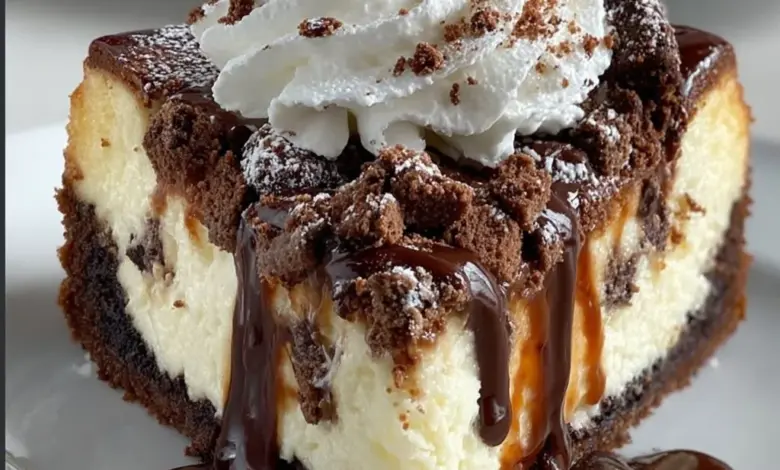 Delicious Brownie Sundae Cheesecake topped with chocolate syrup and cherries