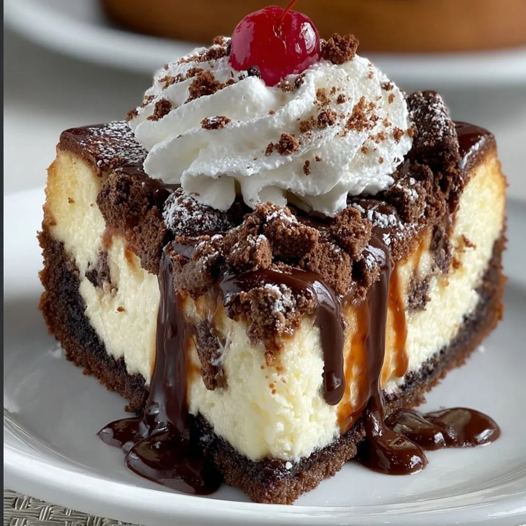 Delicious Brownie Sundae Cheesecake topped with chocolate syrup and cherries