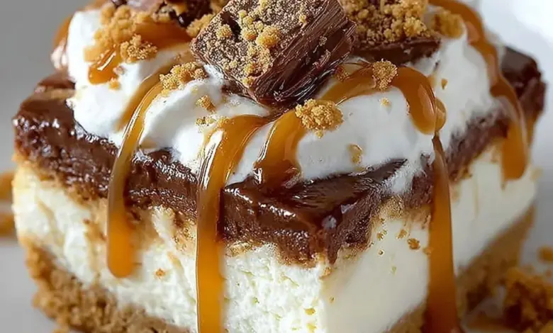 Delicious Butterfinger Caramel Cheesecake topped with caramel and chocolate.
