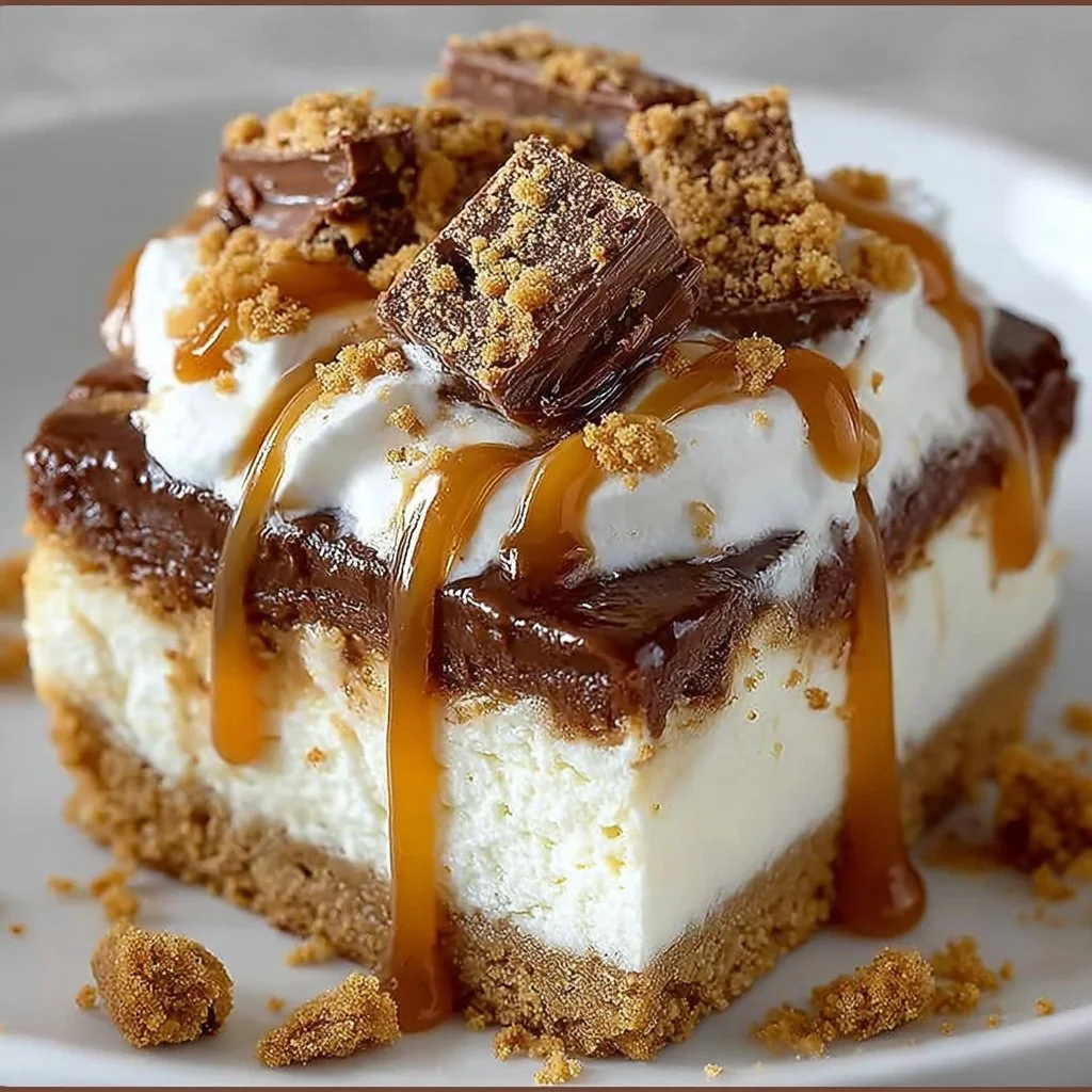Delicious Butterfinger Caramel Cheesecake topped with caramel and chocolate.