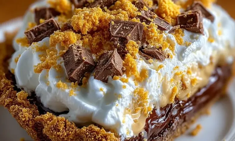 Delicious Butterfinger Pie topped with creamy peanut butter and chocolate