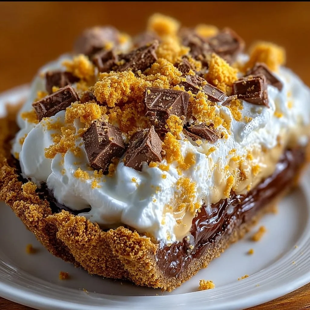 Delicious Butterfinger Pie topped with creamy peanut butter and chocolate