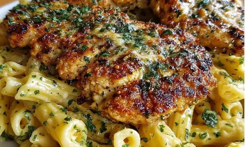 Cheddar Parmesan Garlic Butter Chicken served with creamy penne pasta