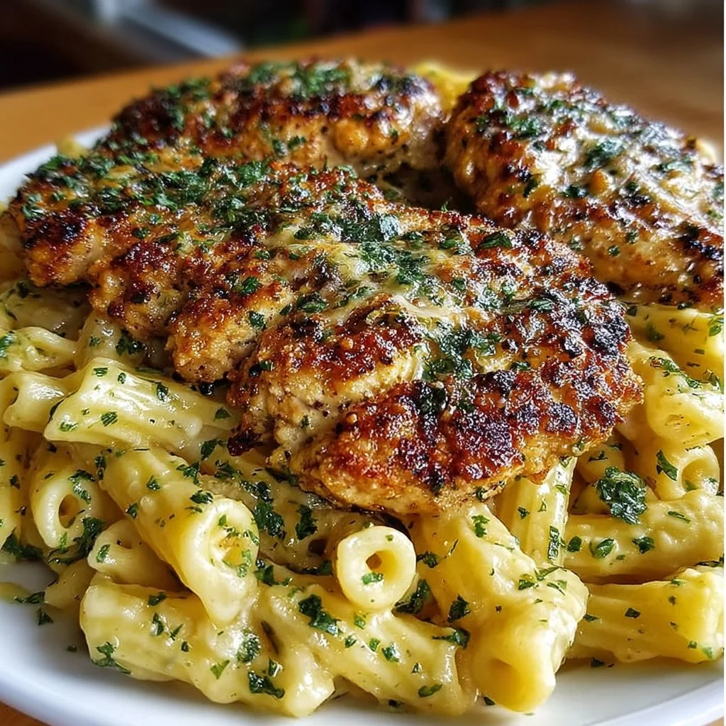 Cheddar Parmesan Garlic Butter Chicken served with creamy penne pasta