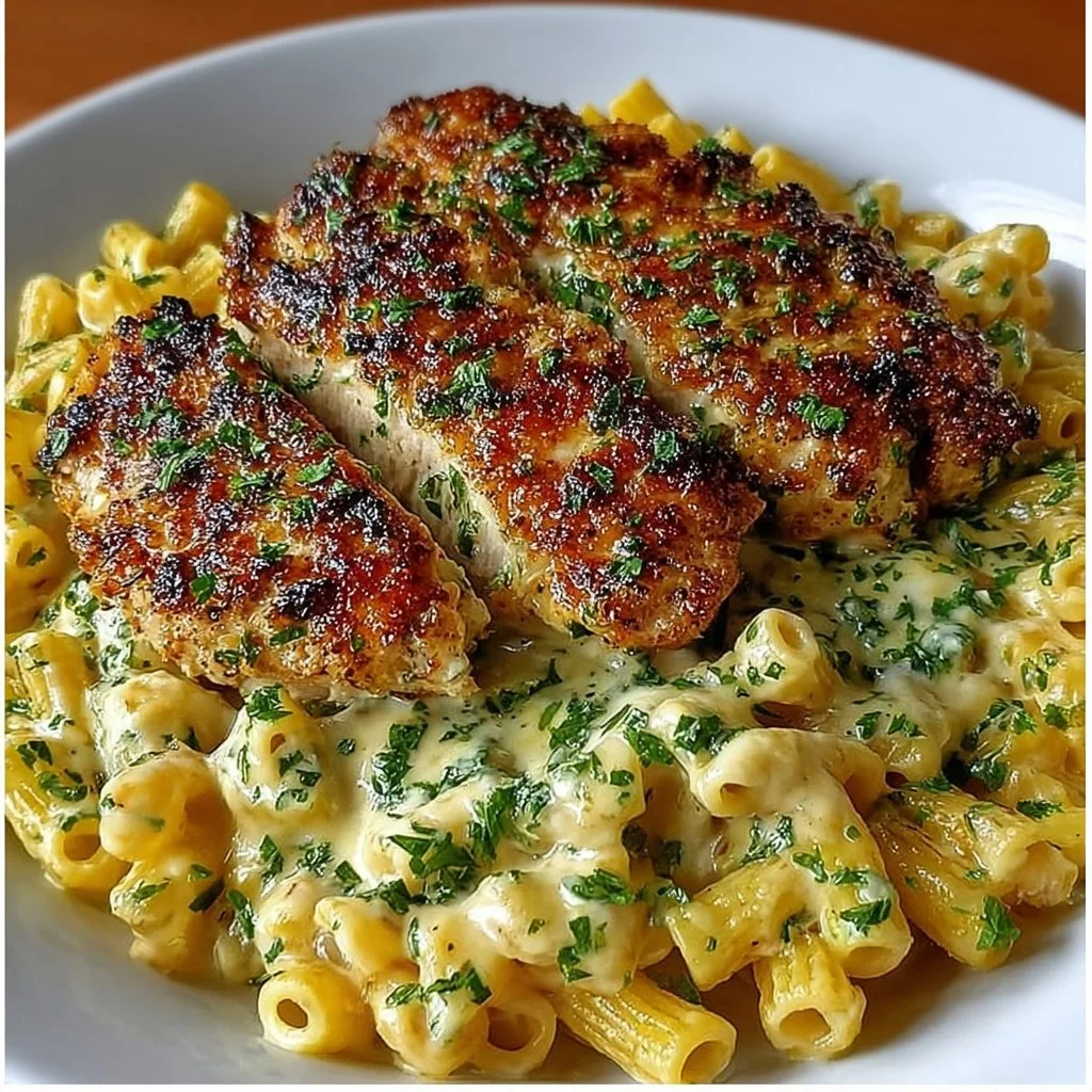 Cheddar Parmesan Garlic Butter Chicken with Creamy Penne Pasta
