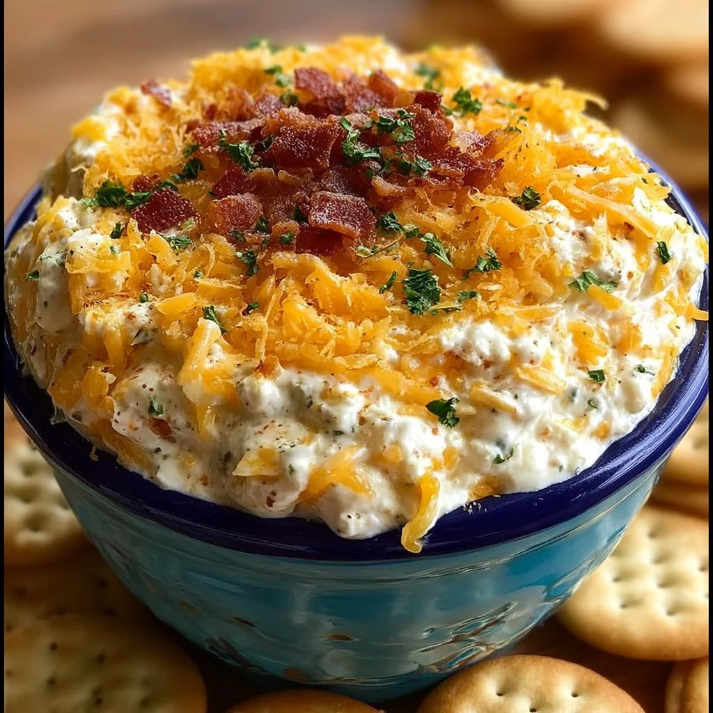 Delicious Cheddar Ranch Party Dip served in a bowl with vegetables and chips
