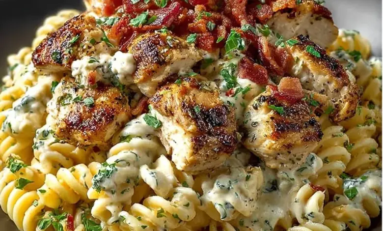 Delicious Chicken Bacon Ranch Pasta with creamy sauce and crispy bacon