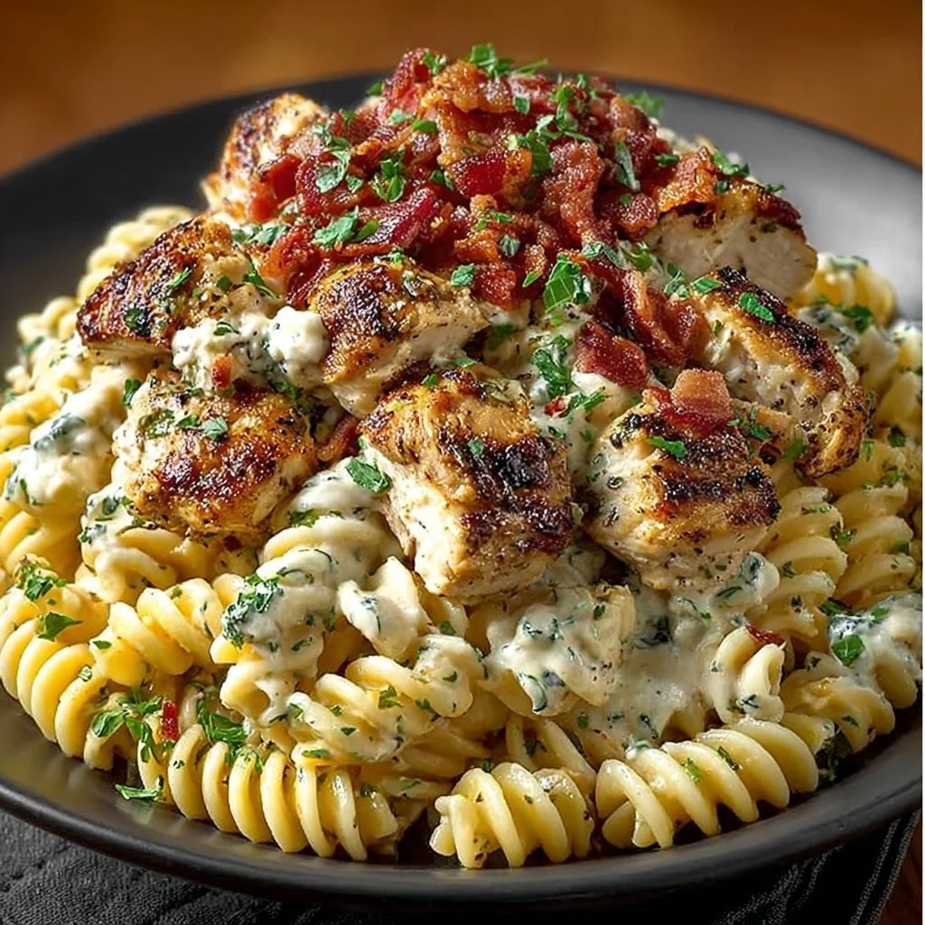 Delicious Chicken Bacon Ranch Pasta with creamy sauce and crispy bacon