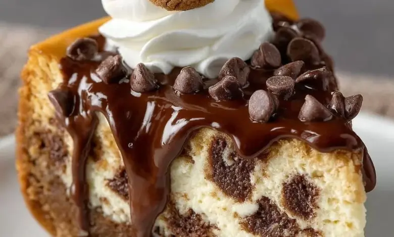 Chocolate Chip Cookie Cheesecake topped with chocolate chips and cookie pieces