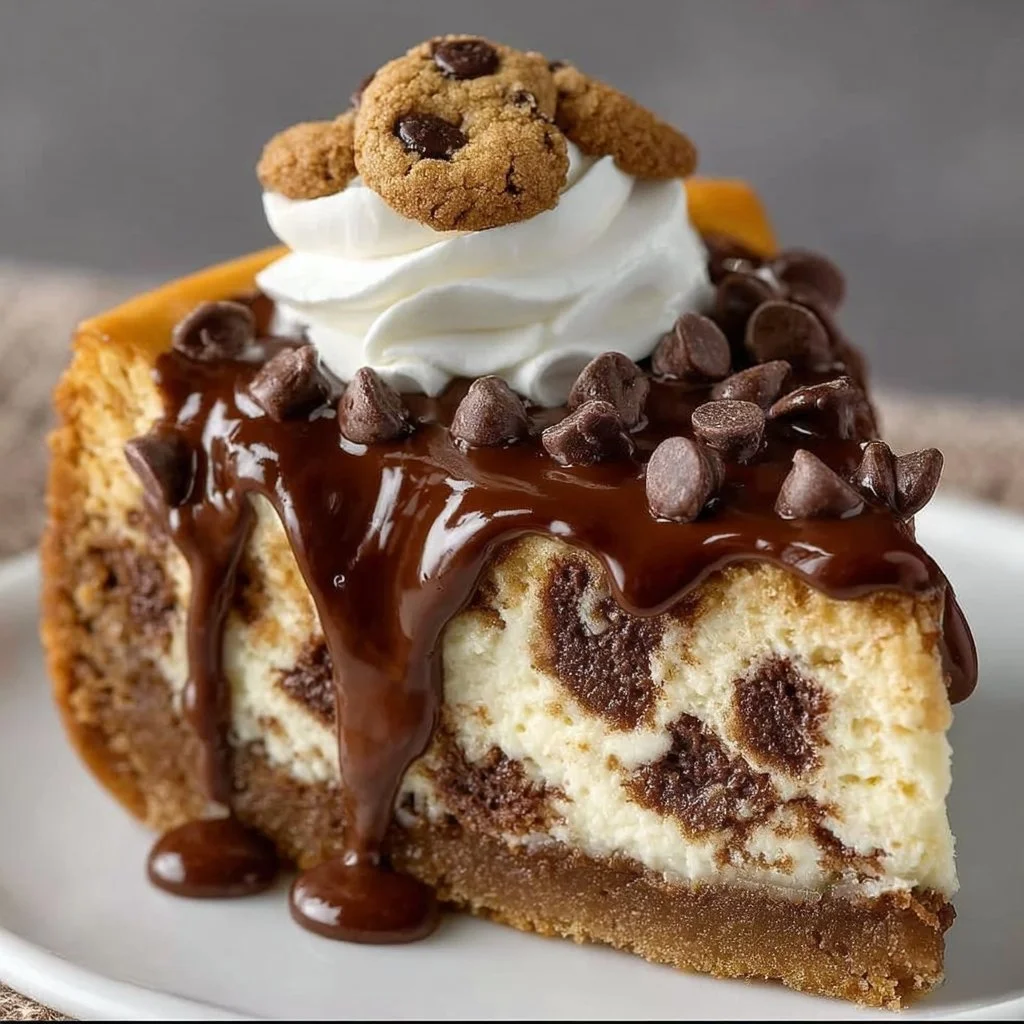 Chocolate Chip Cookie Cheesecake topped with chocolate chips and cookie pieces