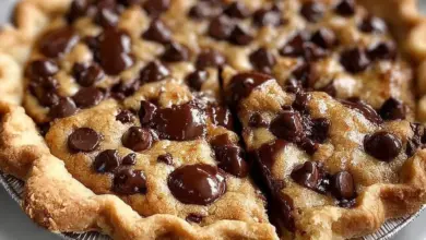 Chocolate Chip Cookie Pie topped with chocolate chips and golden crust