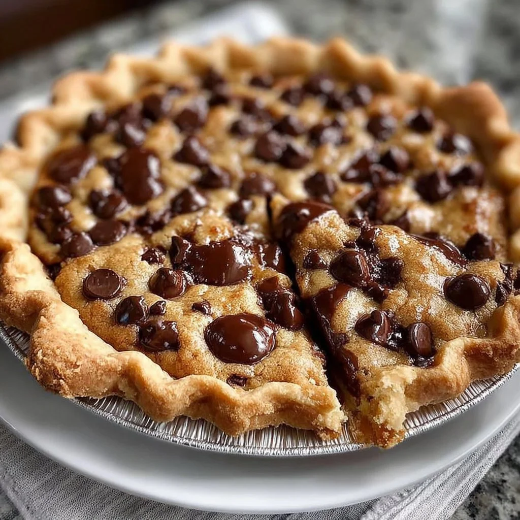 Chocolate Chip Cookie Pie topped with chocolate chips and golden crust