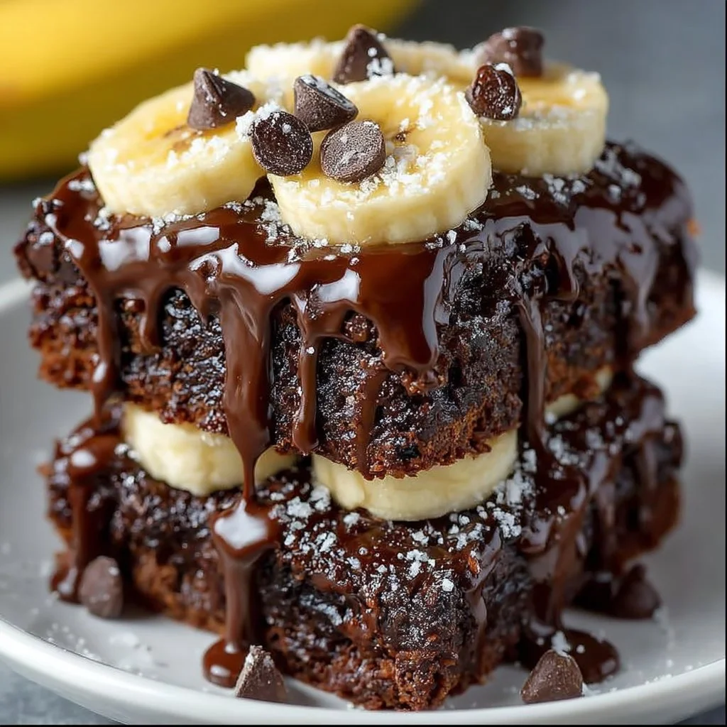 Delicious chocolate covered banana brownies topped with bananas and chocolate glaze.