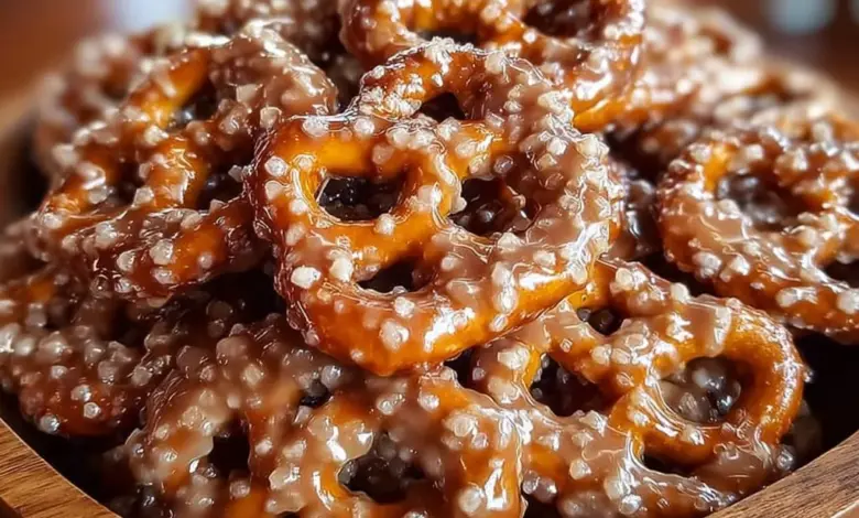 Delicious butter toffee pretzels topped with a crunchy coating