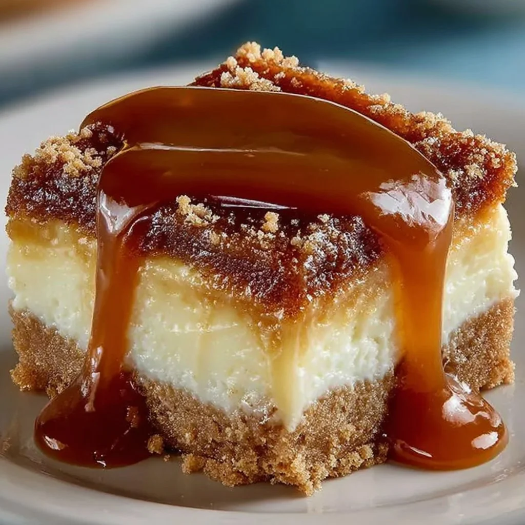 Creamy caramel cheesecake bars topped with a rich caramel drizzle.