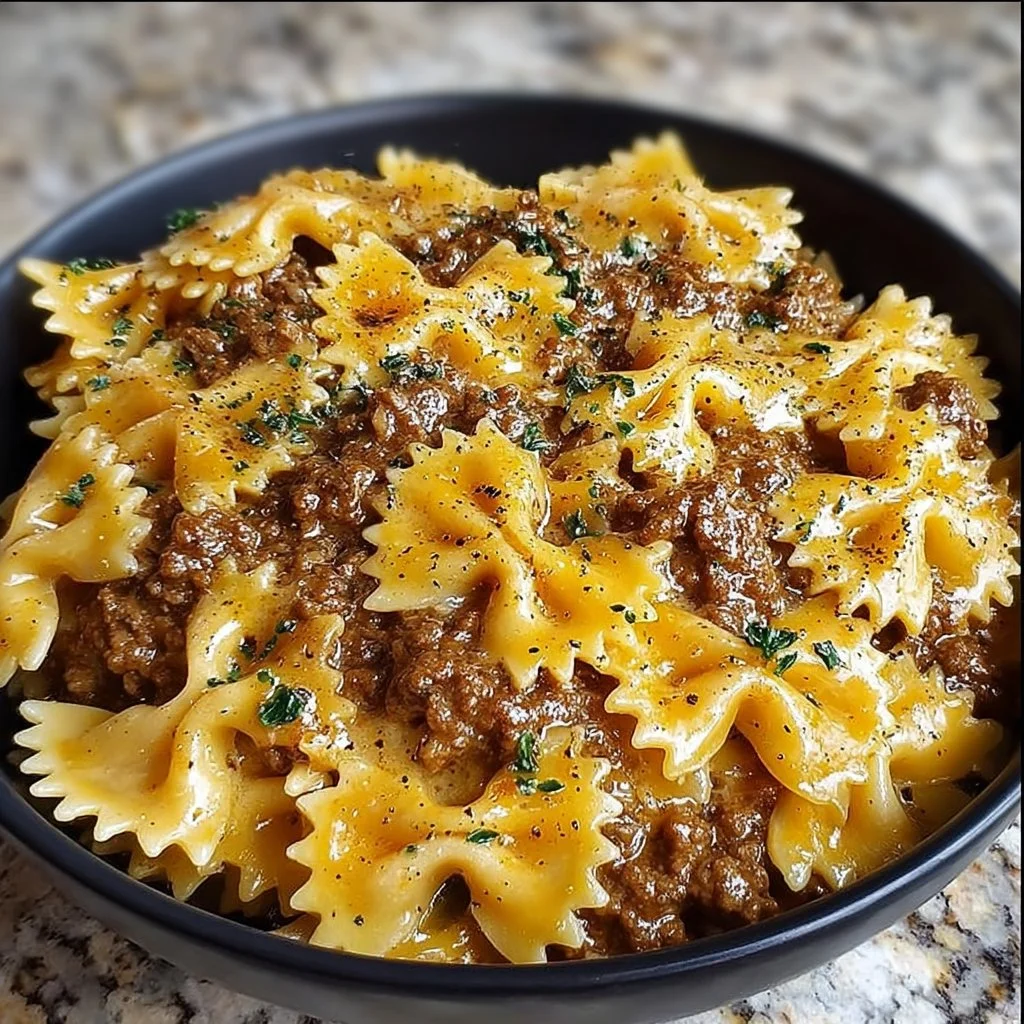 Plate of creamy Velveeta beef pasta with bowtie noodles garnished with herbs