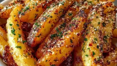 Plate of crispy garlic parmesan fries garnished with herbs