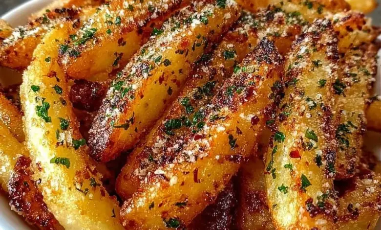 Plate of crispy garlic parmesan fries garnished with herbs