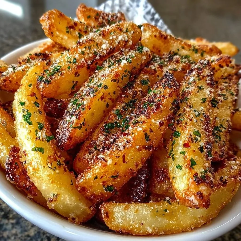 Plate of crispy garlic parmesan fries garnished with herbs