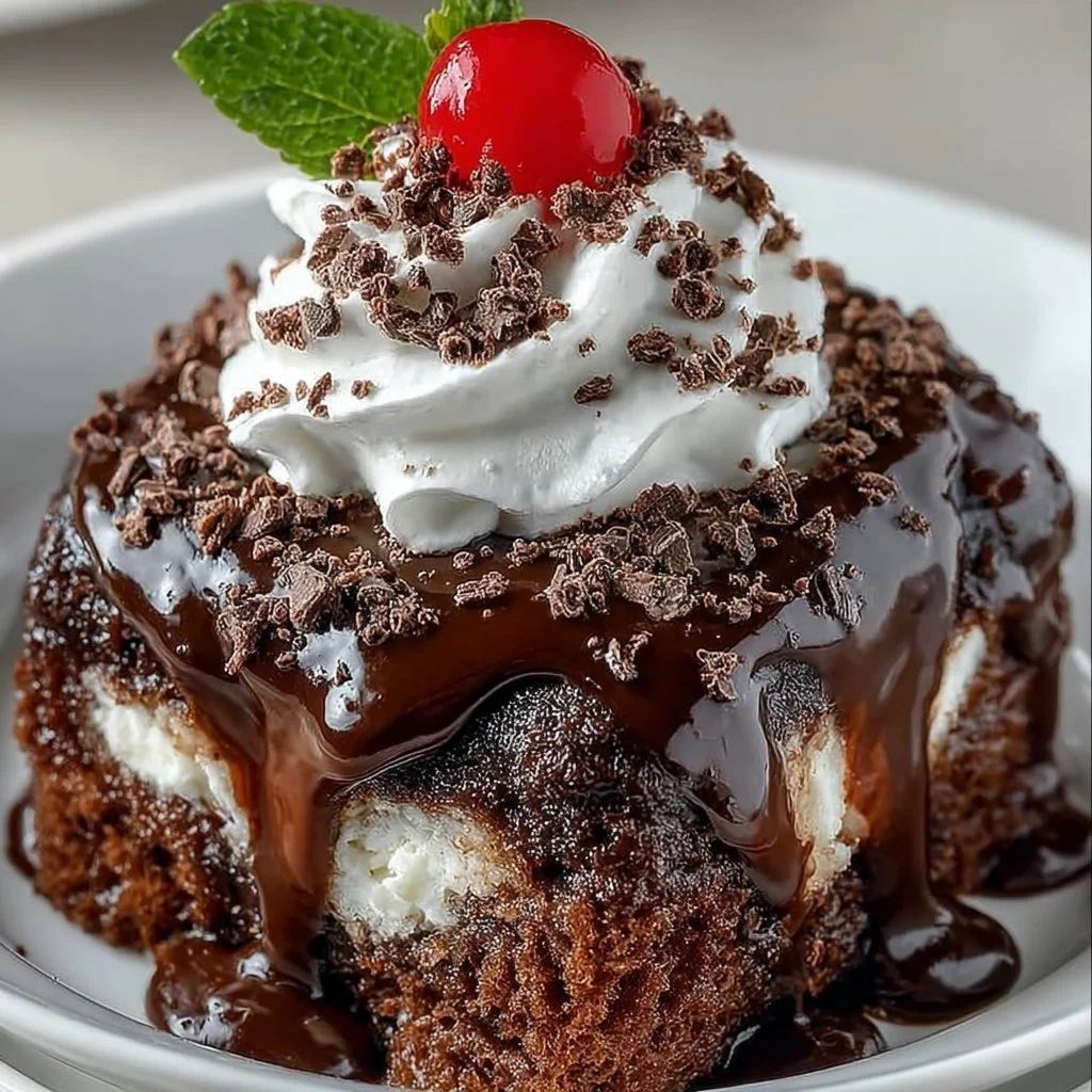 Death by Chocolate Poke Cake topped with chocolate frosting and ganache