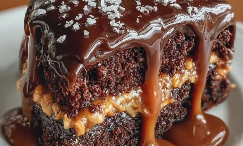 Decadent caramel chocolate cake with layers of rich chocolate and caramel drizzle