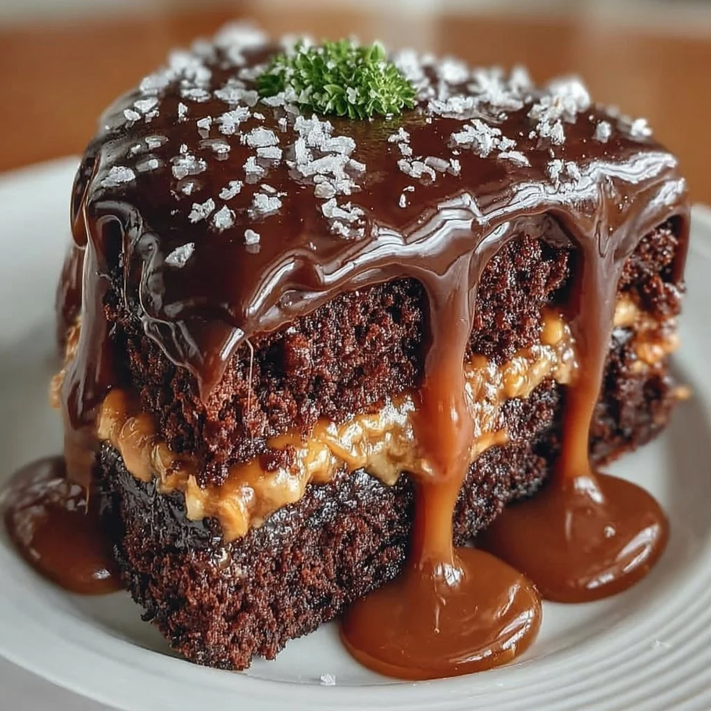 Decadent caramel chocolate cake with layers of rich chocolate and caramel drizzle