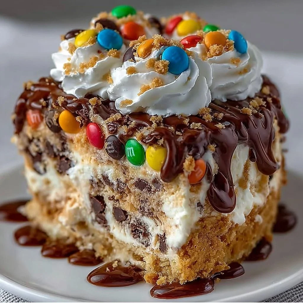 Decadent chocolate M&M’s and cookie dough ice cream cake on a decorative plate