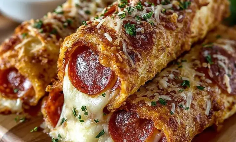 Delicious cheesy pepperoni pizza roll-ups on a serving plate
