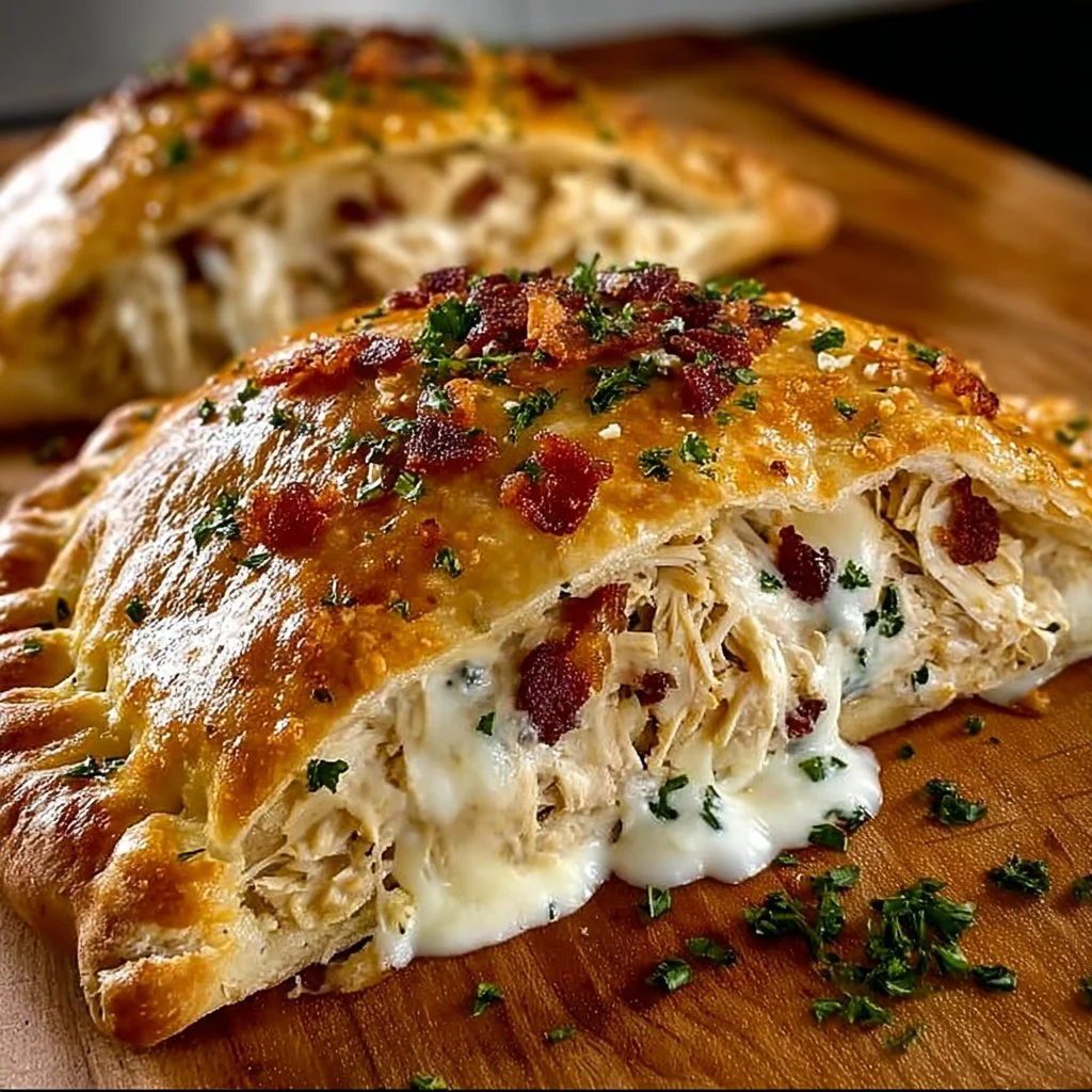 Delicious chicken bacon ranch calzone filled with creamy ranch and crispy bacon