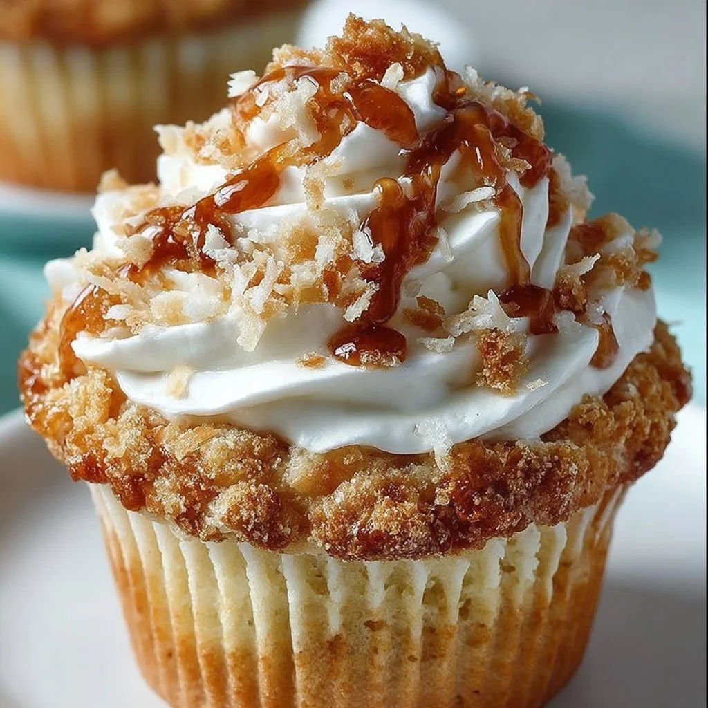 Delicious coconut cream pie cupcakes topped with creamy coconut frosting.