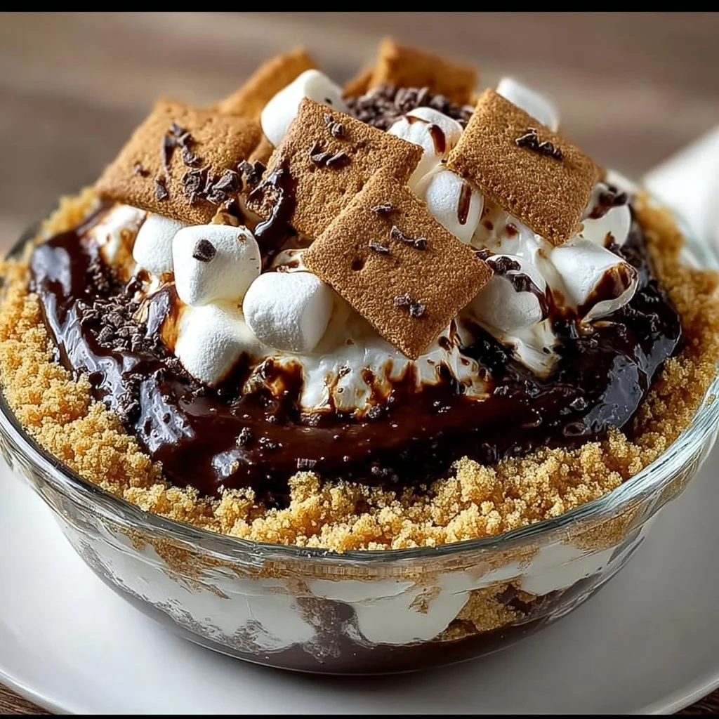 Delicious Easy S'mores Cobbler with chocolate, marshmallows, and graham crackers