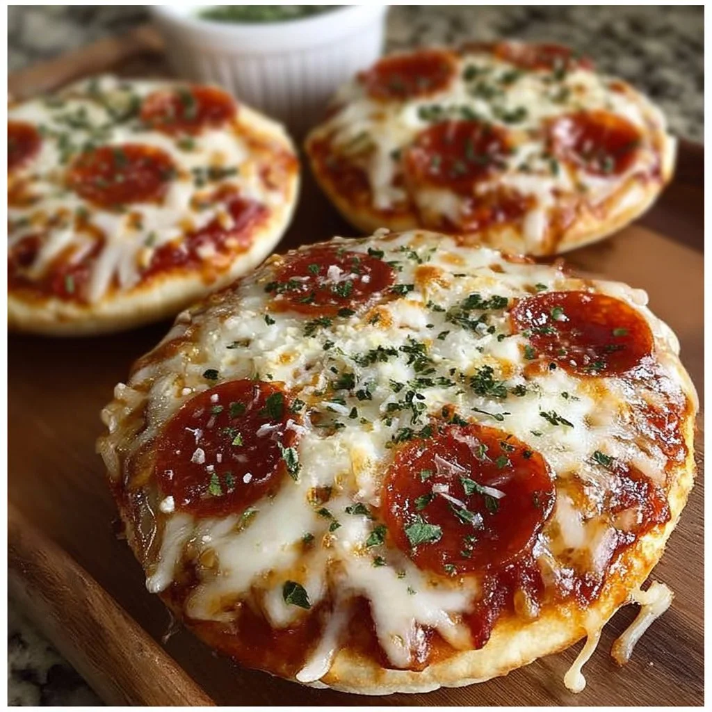 Delicious English muffin pizzas topped with cheese and vegetables
