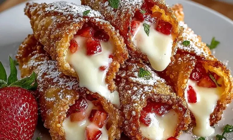 Fried strawberry cream cheese wontons served on a plate