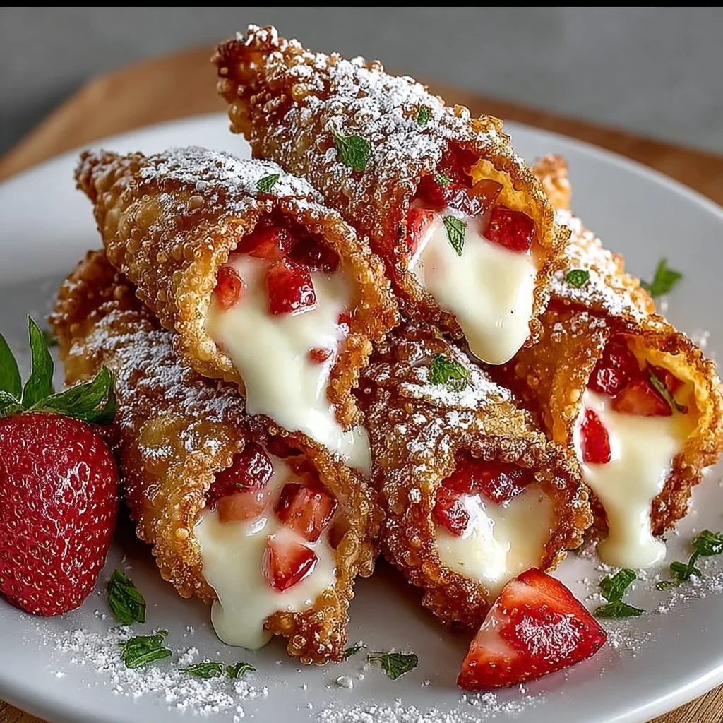 Fried strawberry cream cheese wontons served on a plate