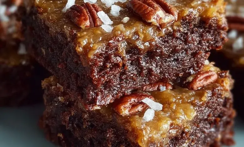 Delicious homemade German chocolate pecan brownies on a wooden table