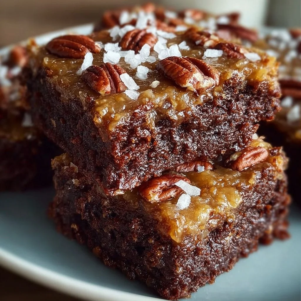 Delicious homemade German chocolate pecan brownies on a wooden table