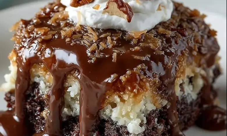 Delicious German Chocolate Poke Cake topped with coconut and pecan frosting