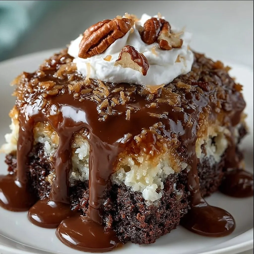 Delicious German Chocolate Poke Cake topped with coconut and pecan frosting