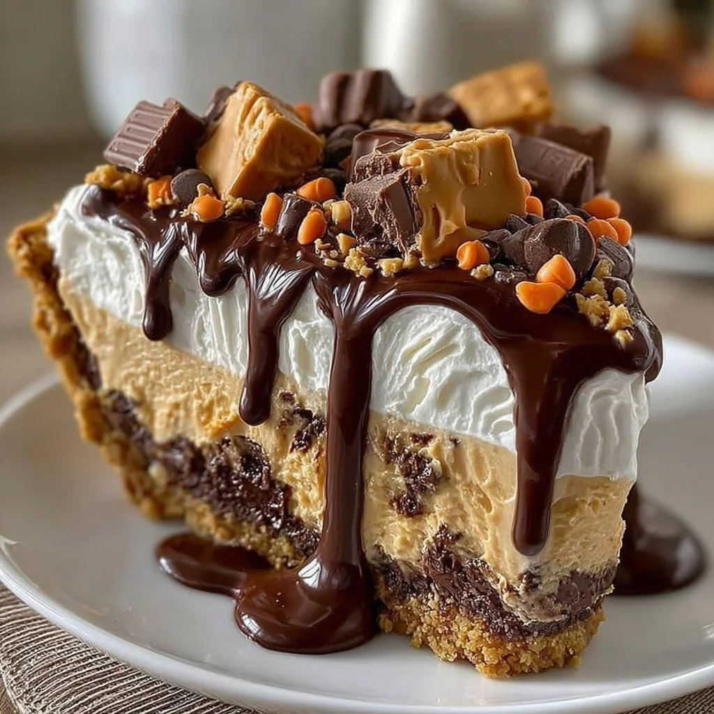 Giant Reese's Peanut Butter Cup Pie served on a plate with chocolate drizzle