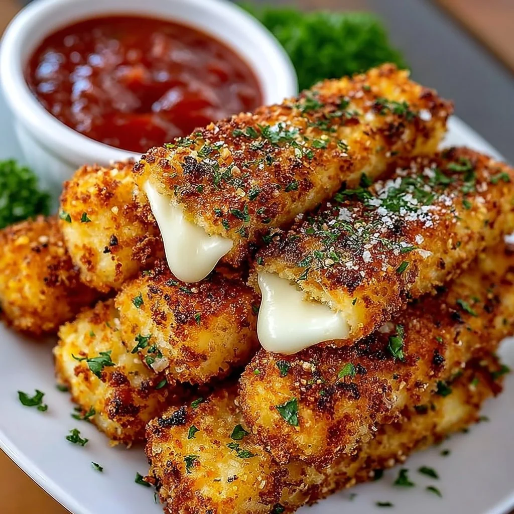 Homemade mozzarella sticks served with marinara sauce