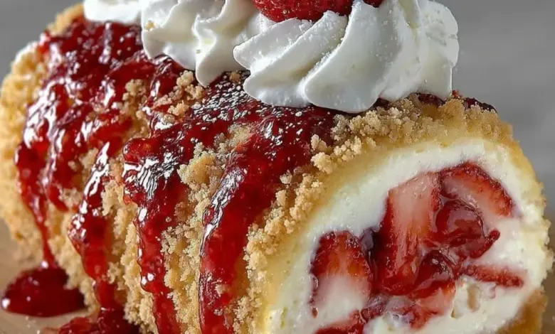 Homemade strawberry shortcake cheesecake topped with fresh strawberries