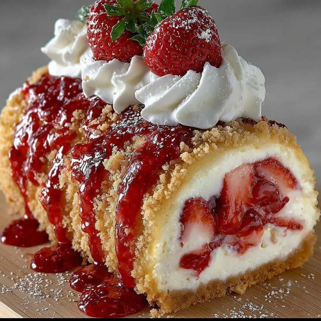 Homemade strawberry shortcake cheesecake topped with fresh strawberries