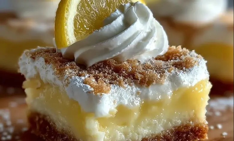 Lazy Day Lemon Cream Pie Bars with a zesty lemon filling and creamy topping