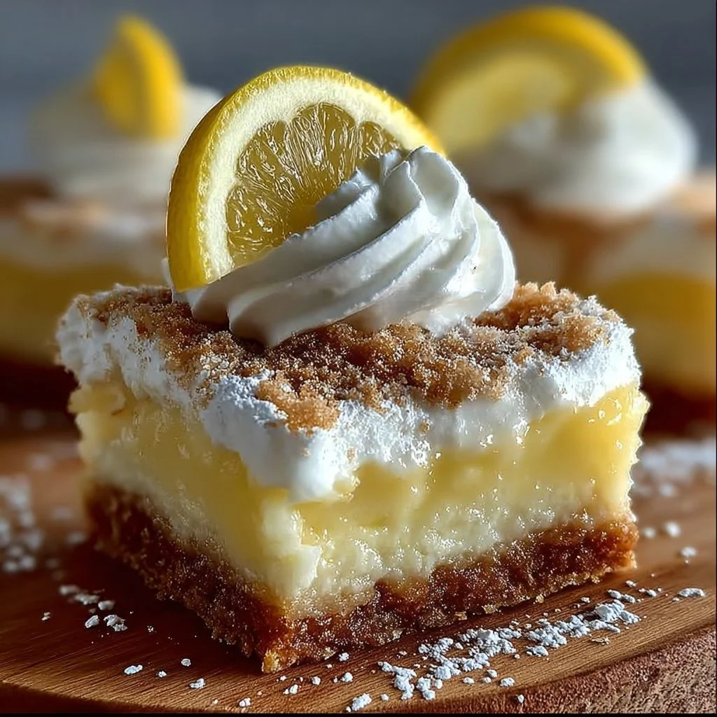 Lazy Day Lemon Cream Pie Bars with a zesty lemon filling and creamy topping