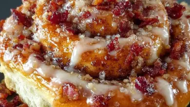 Freshly baked Maple Bacon Cinnamon Rolls drizzled with maple glaze