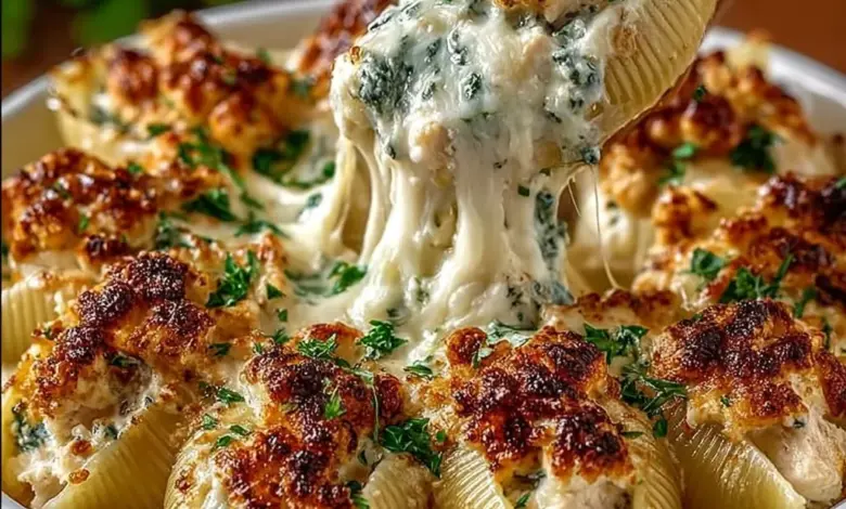 Delicious Million Dollar Chicken Alfredo Stuffed Shells loaded with creamy sauce
